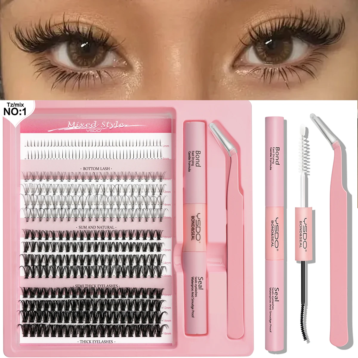 

Lashes Clusters Set Extensions Kit False Eyelashes Clusters with Lash Bond Seal and Lash Applicator DIY Mix Lashes Makeup Tool