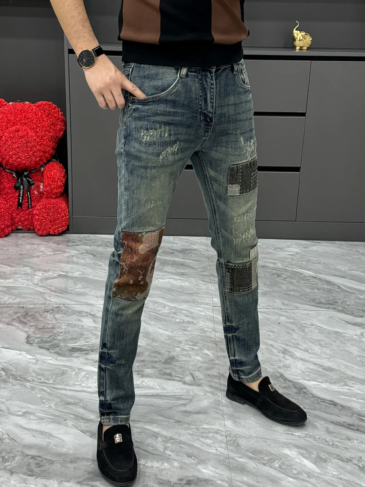 

Trendy Patchwork Slim Fit Jeans Men's Spring Korean Style Versatile Handsome Small Footed Pants Retro Patchwork Hole Straight...