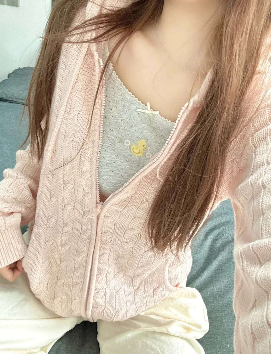 

New Pink Twisted Flower Knitted Cardigan Sweater Women Autumn Long Sleeve Drawstring Hooded Zipper Sweet Cute Sweaters Coat Tops