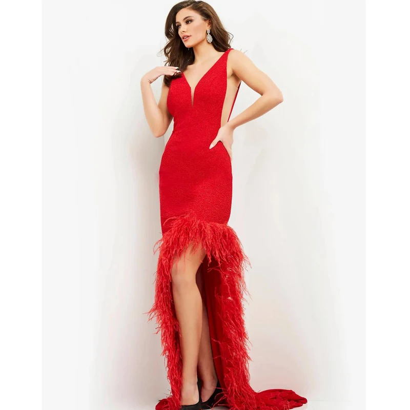 

Blue Sexy Side Split Evening Dresses V-Neck Spaghetti Feather Regular Straps Aline Zipper Up Robes De Cocktail 2023 Sweep Train