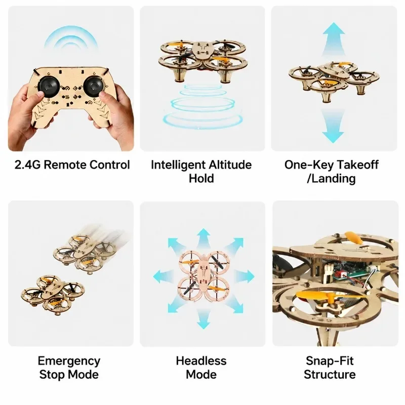 Wooden DIY RC Drone Handmade Building Model Kit Aircraft Toy Remote Control Quadcopter Drones Assembly Flying Toys Xmas Gifts