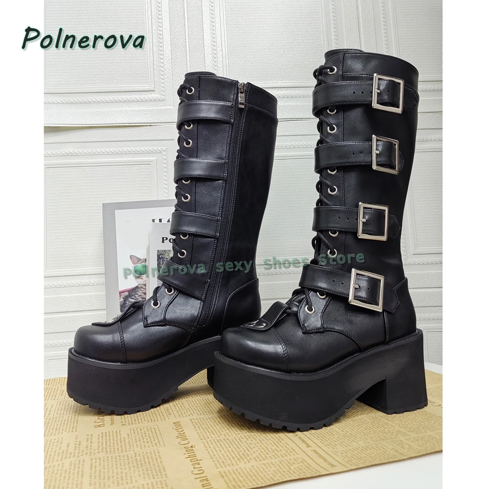 

Рыцарские сапоги на платформе с пряжкой на ремне, с круглым носком, на массивном каблуке, однотонные женские сапоги до колена в стиле пэчворк с перекрестной завязкой, стиль субкультуры 2025