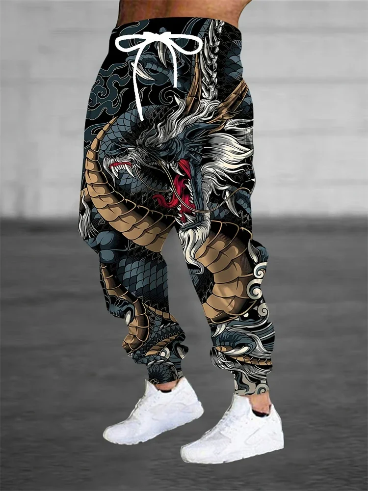 Herren-Jogginghose im 3D-Chinesischen Stil mit Doppel-Drachen-Print, lässige Trainingshose mit Kordelzug in der Taille, tailliert, Streetwear-Sporthose – Detail 9