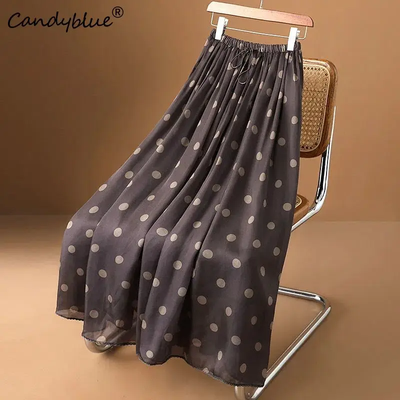 

Coffee Polka Dot Skirt Women's Spring Summer New Loose Casual Personalized Elastic Waist A-line Chiffon Dress Female Clothing