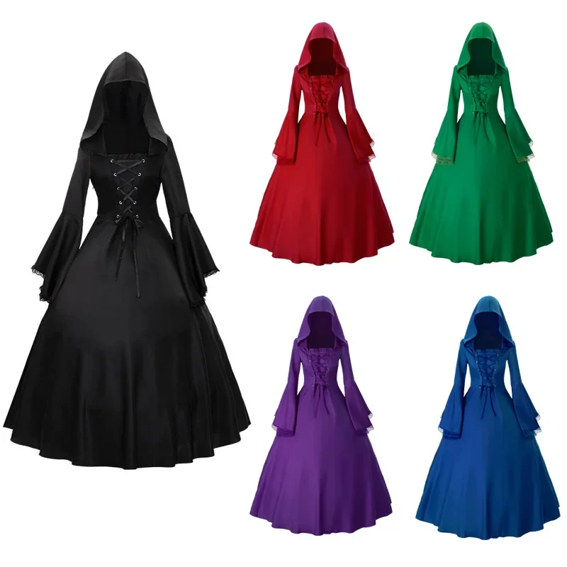 

Medieval Solid color Court Princess Hoody Dress Victorian Mourn Robe Elegant Vampire Devil Renaissance Costume Vestidos