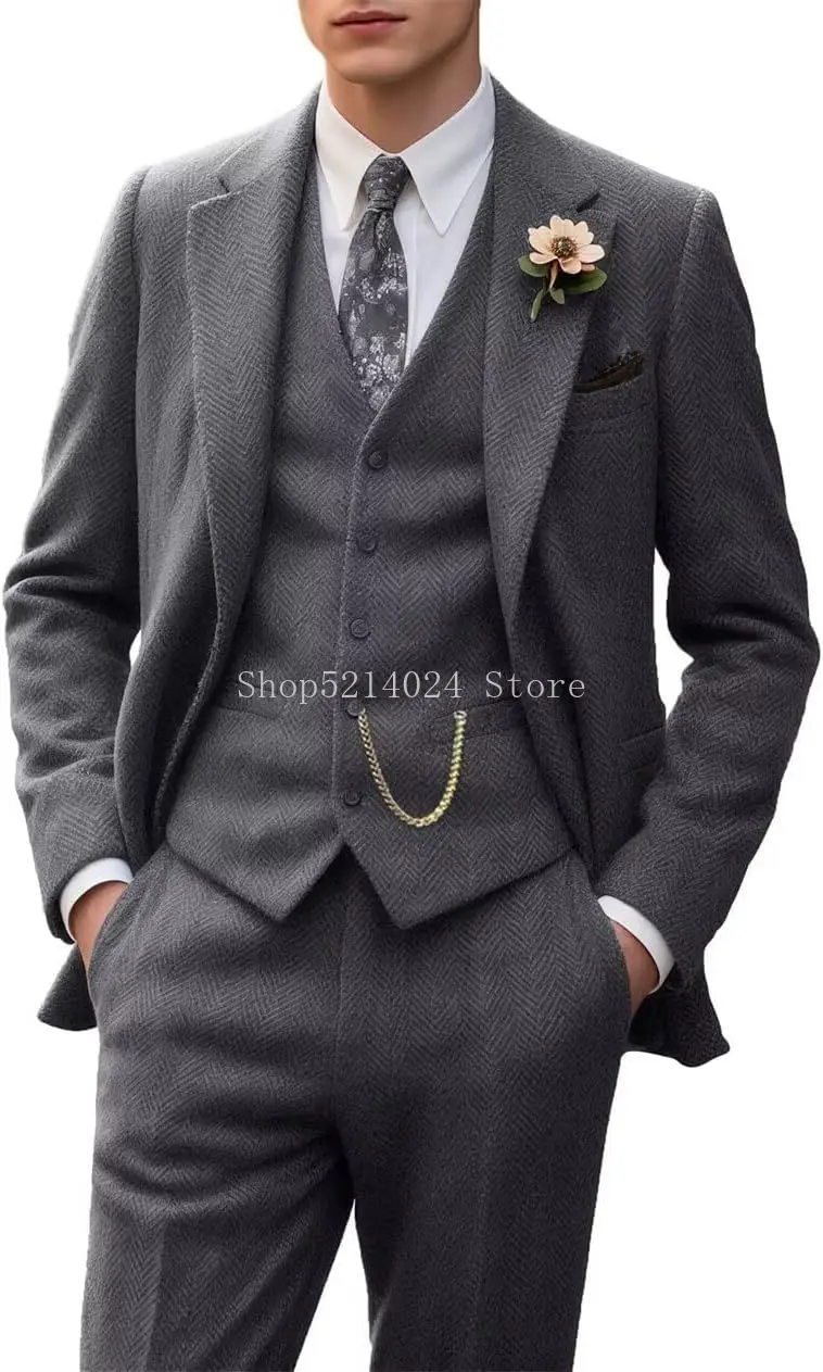 

Men's Suit 3 Piece Slim Fit Herringbone Suits Groom Tuxedos Set Wedding Prom Blazer Jacket Vest Pants for Men