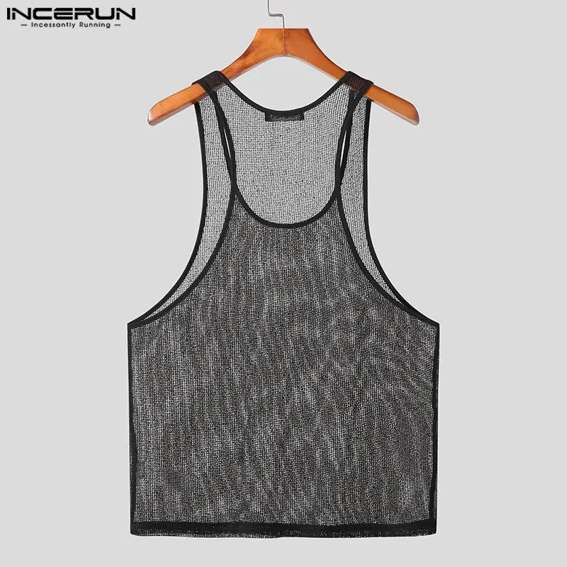 INCERUN Men Tank Tops Mesh Transparent O-neck Sleeveless Sexy Vests Streetwear Summer Breathable 2023 Fashion Men Clothing S-5XL