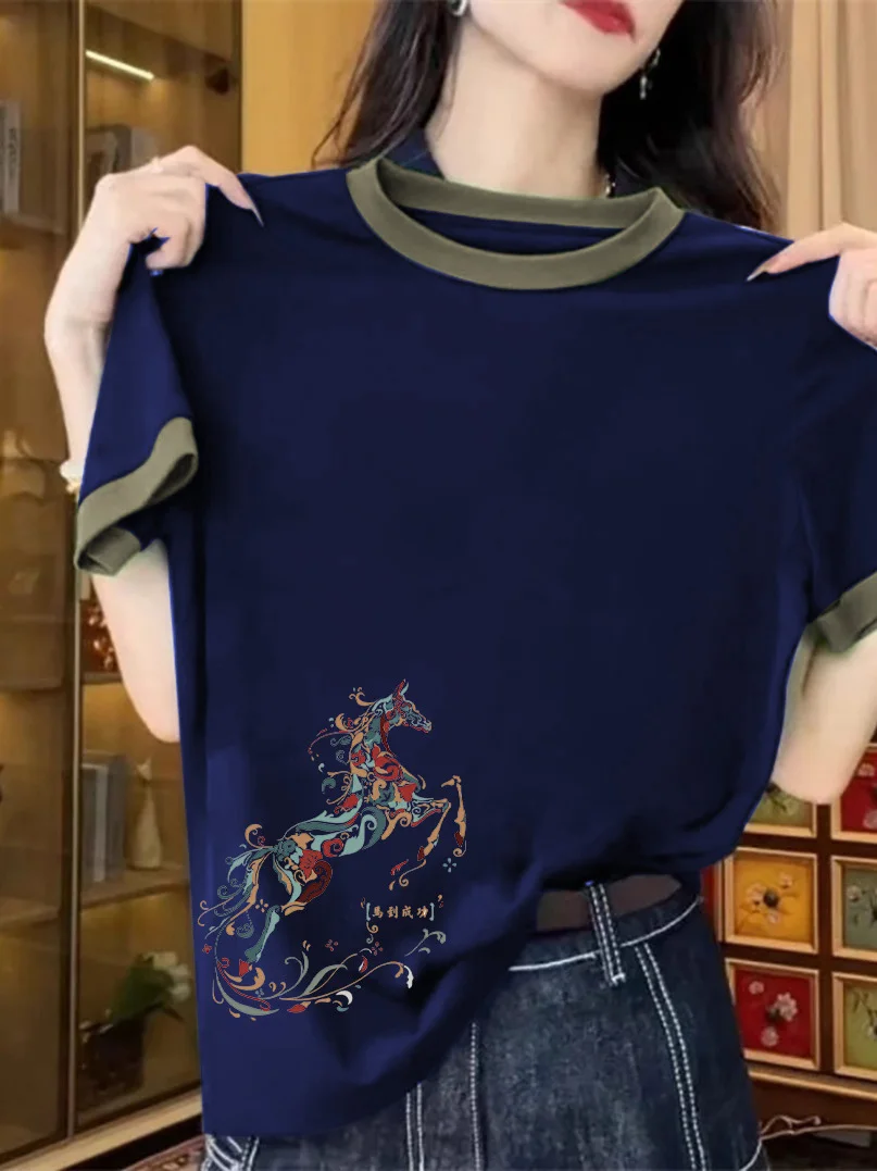 

Women's Pure Cotton Short Sleeve T-Shirt Summer New Style Color Block Base Shirt Casual Loose Fit Breathable Skin-Friendly