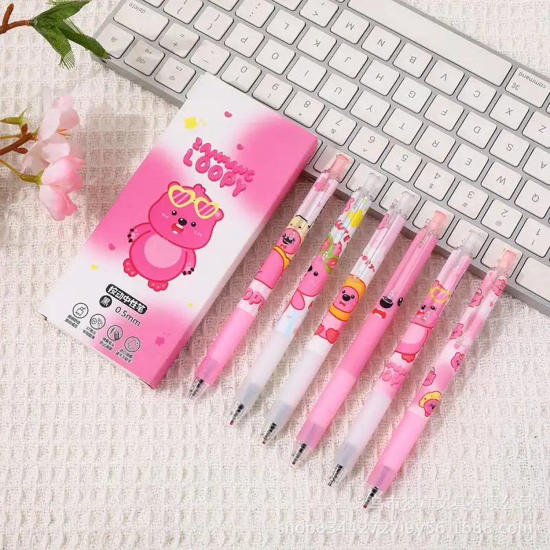 6Pcs Kawaii Loopy Little Beaver Press Neutral Pen St Nib 0.5Mm Black Quick Drying Water Pen Student Stationery Gifts For Girls