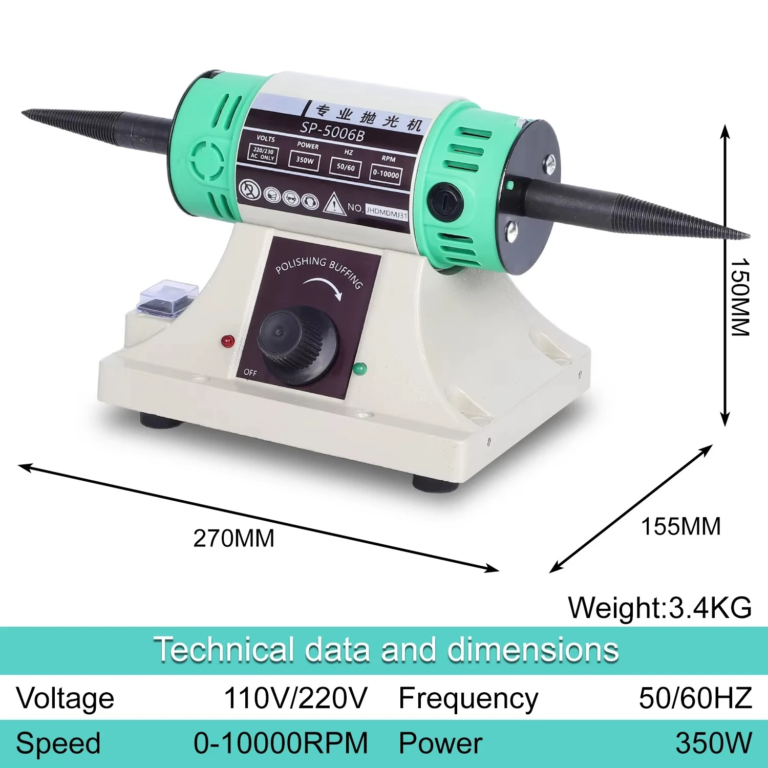 350W Multi-function Bench Flex Shaft Grinding Polishing Machine 10000RPM Double Head Rotary Jewelry Buffing Polisher