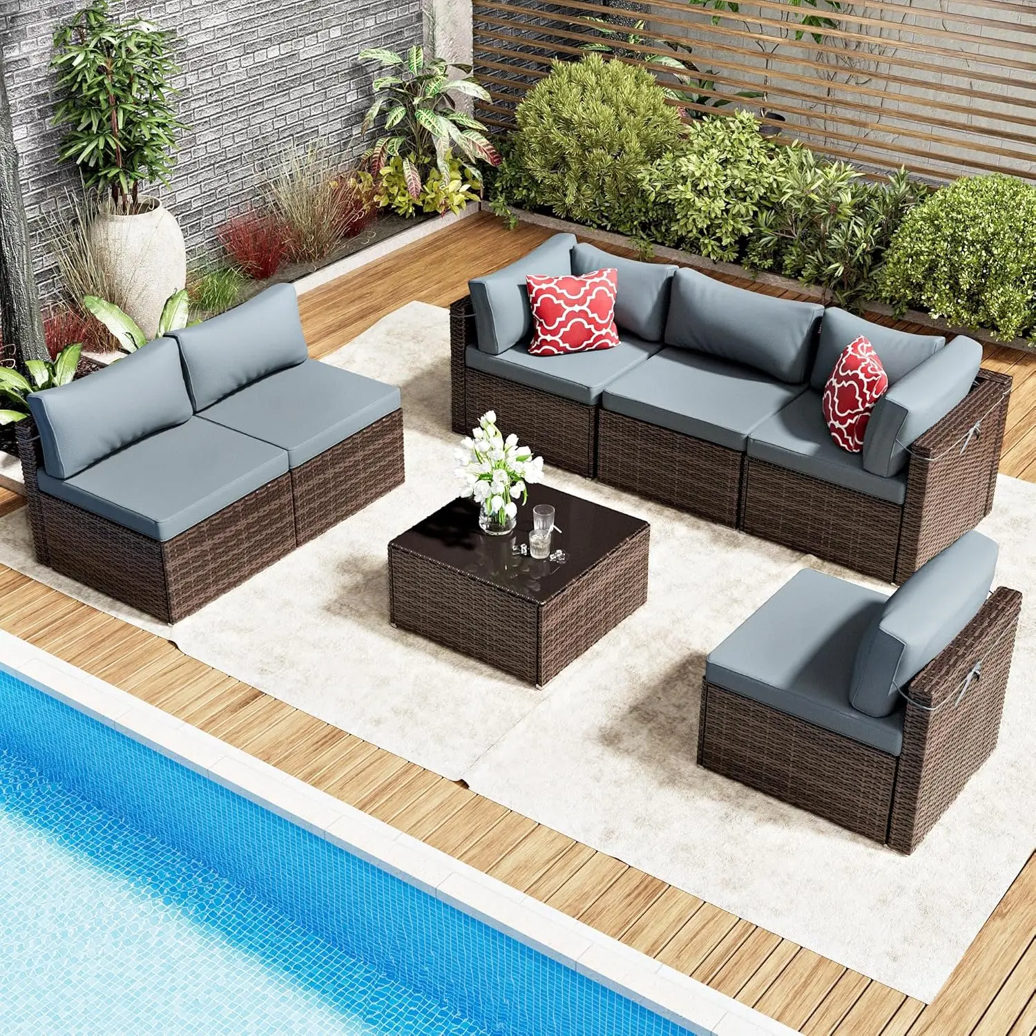 

Комплект садовой мебели из 7 предметов: модульный диван из ротанга с толстыми подушками, журнальный столик, для улицы, сада, у бассейна, коричневый, на заказ