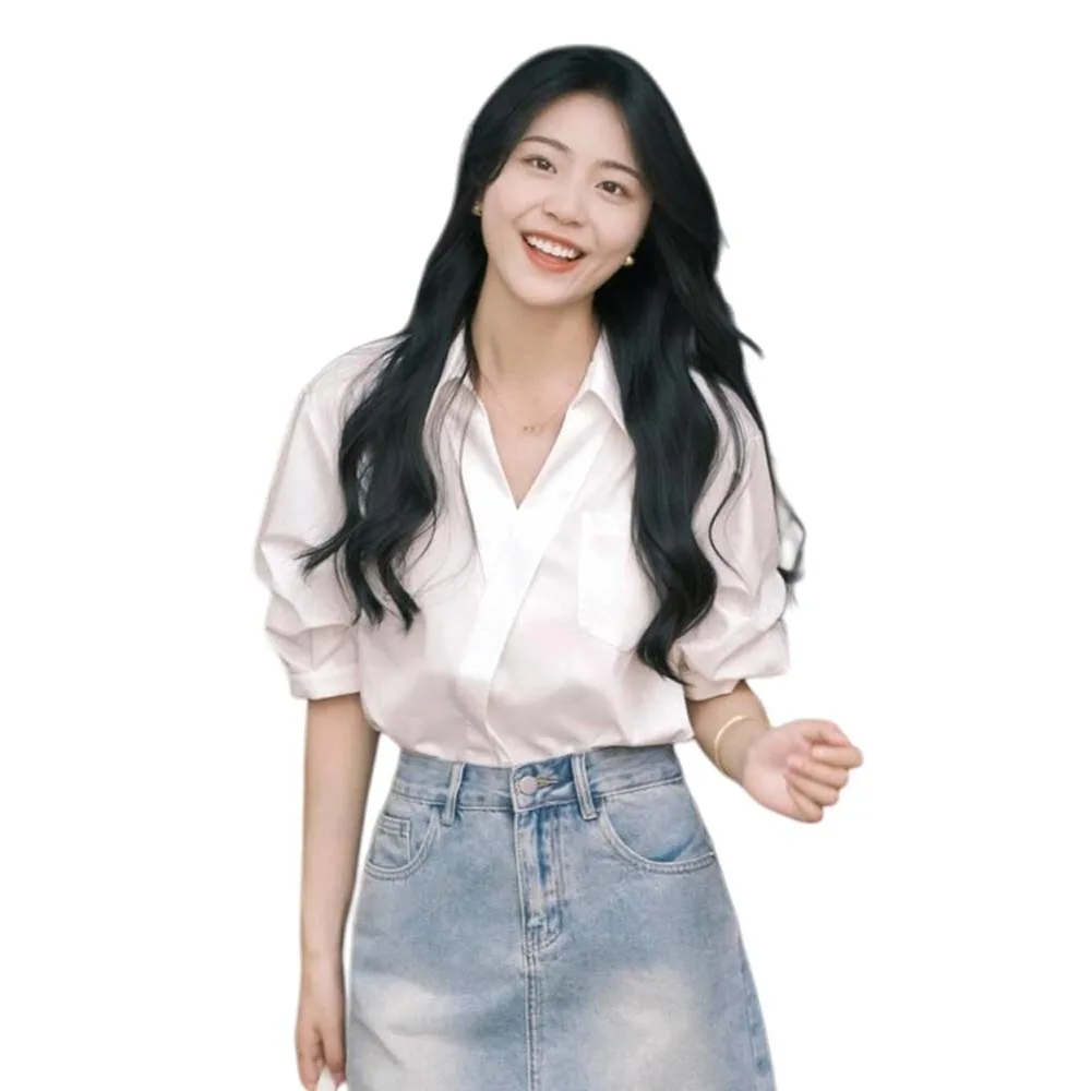 

Sweet V-neck Long Sleeve Shirts Tops Short Slim Fit White Korean Style Blouse Simple Streetwear Slim Buttons Shirts Girls Gift