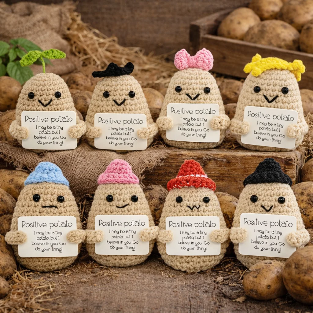 Veggie&Fruit Series Positive Energy Crochet Cute Potato Handmade Knitted Doll with Encouragement Card Mini Desk Decor Gift