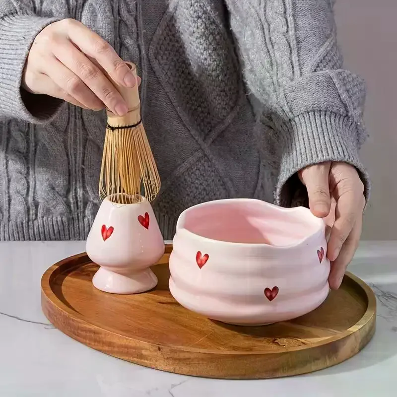 2/4/5pcs Heart Decal Ceramic Matcha Set, Cute Matcha Set Includes Matcha Bowl, Matcha Whisk And Holder, Bamboo Scoop, Sifter