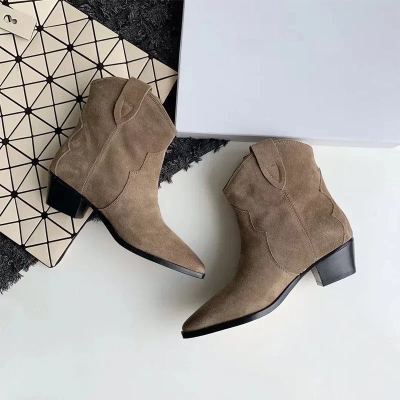 Winter Classic Chelsea Boots for Woman Cow Suede Pointy toe Wedge Heel Ankle Boots Simple Comfortable Cowboy Boots Female2024