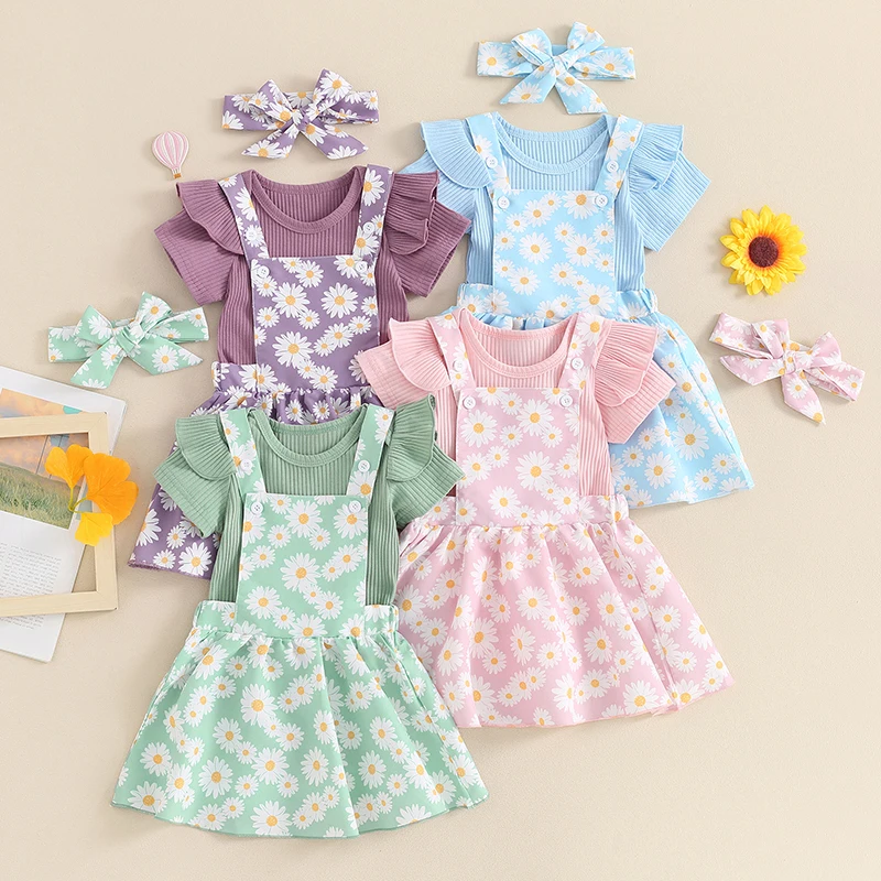 

0-24M Infant Baby Girl Summer Clothes Set Short Sleeve Romper + Daisy Suspender Skirt + Headband Toddler 3pcs Outfits