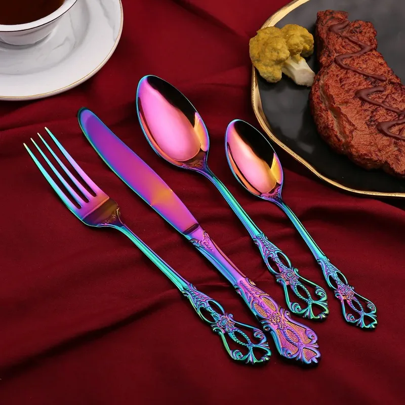 

Retro Gold Cutlery Set Complete Tableware European Style Gift Box Stainless Steel Spoon Fork Steak Knife Set
