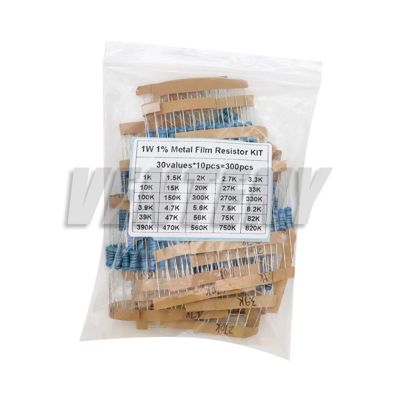 150PCS 300PCS 1/2W 1W 2W 3W Resistance 1% Metal Film Resistor Assortment Kit Set 30values 1R~750R 1K~820K Ohm