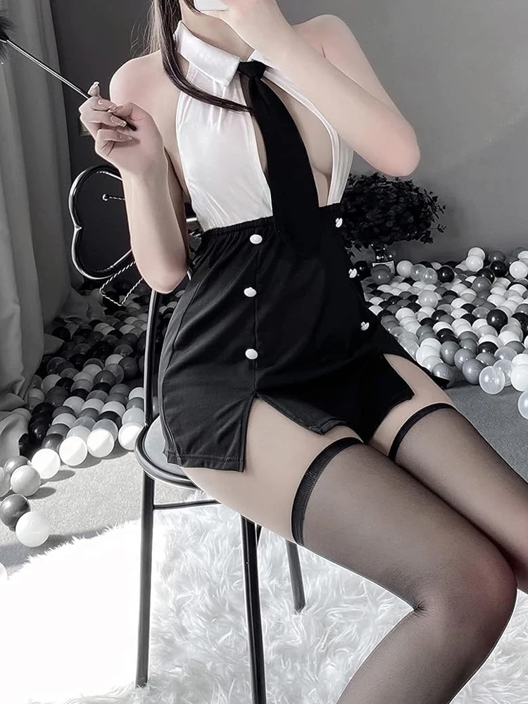 خادمة تأثيري سكرتري ارتداءها الساخن جنسي الملابس الداخلية الجوف الظهر هالوين دور اللعب أكمام بالإضافة إلى الياقة المدورة المثيرة تنورة مجموعة