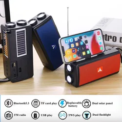 Portble FM Radio Dual Solar Panels Emergency Radio Receiver with Dual Flashlight Wireless TWS Bluetooth5.3 Speaker TF Card Playe