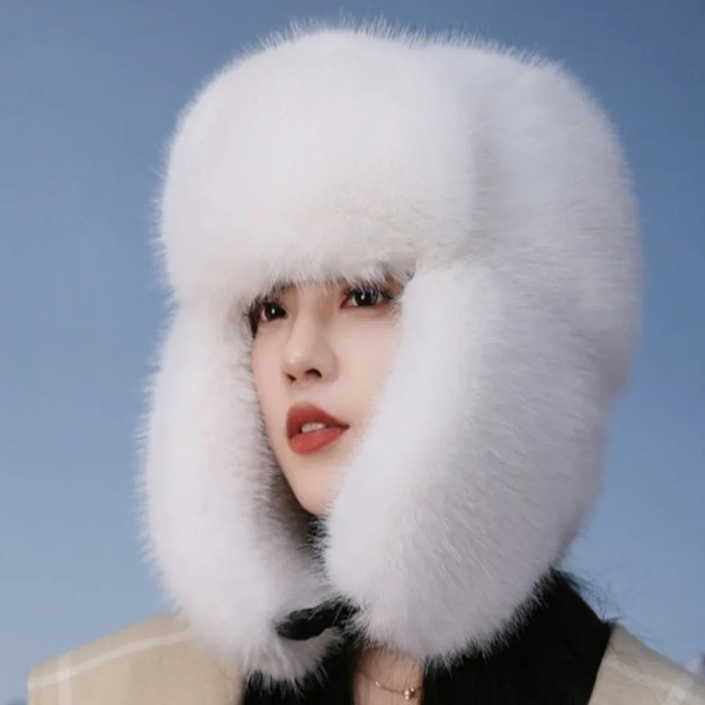 

Casual Faux Mink Fur Plush Lei Feng Hat Solid Color Thickened Ear Protection Cap Keep Warm Windproof Earflap Cap Outdoor