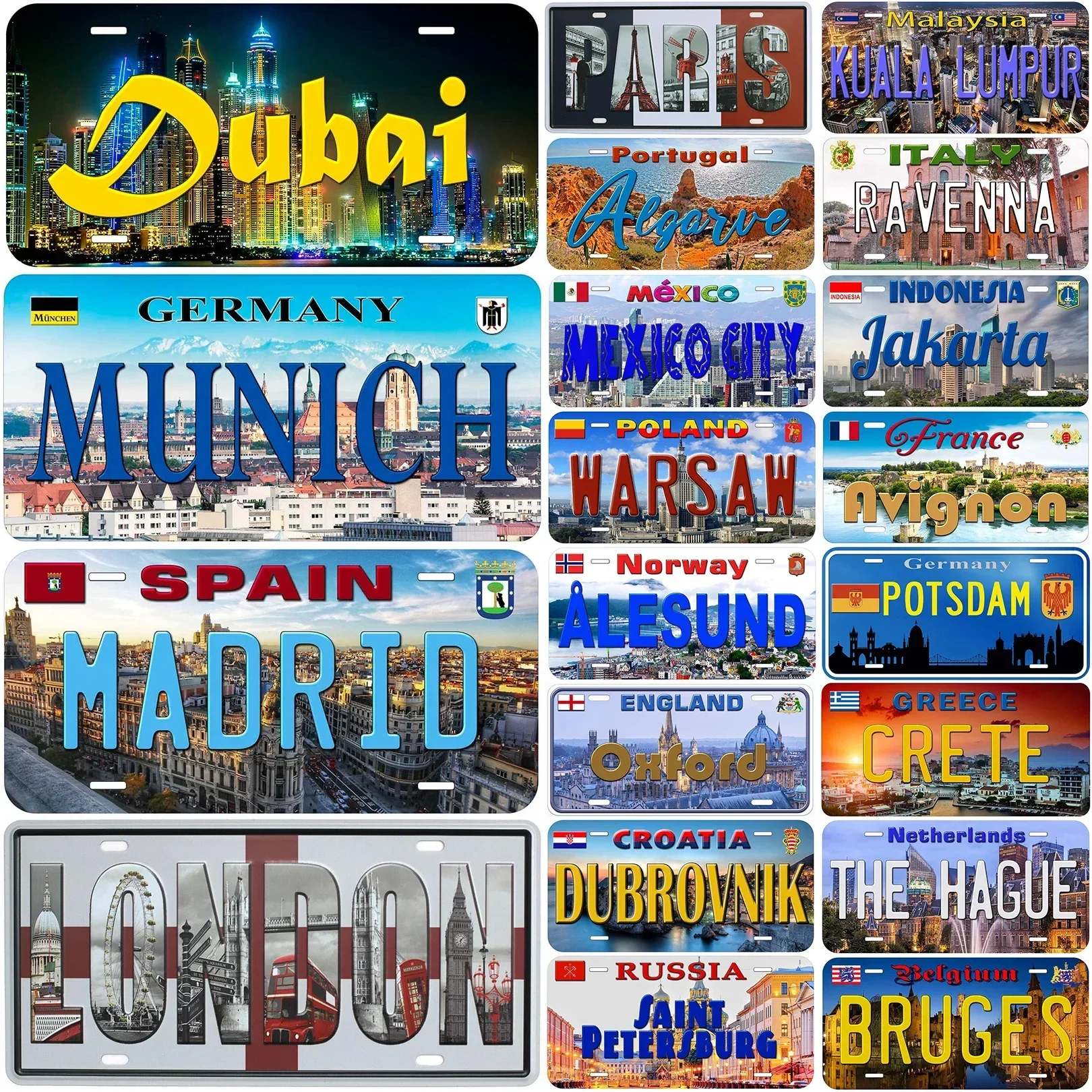 Vintage License Plates Decoration Signs Vintage Dubai Munich Madrid Moscow City Tags Metal Automotive Signs For Car Front