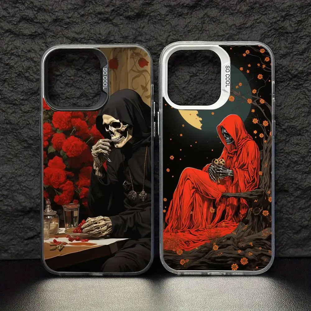 

Grim Reaper Skull Art Phone Case For iPhone17,16,15,14,13,12,11 Pro Max Blcak Colorful Silver Plated Inside Phone Case