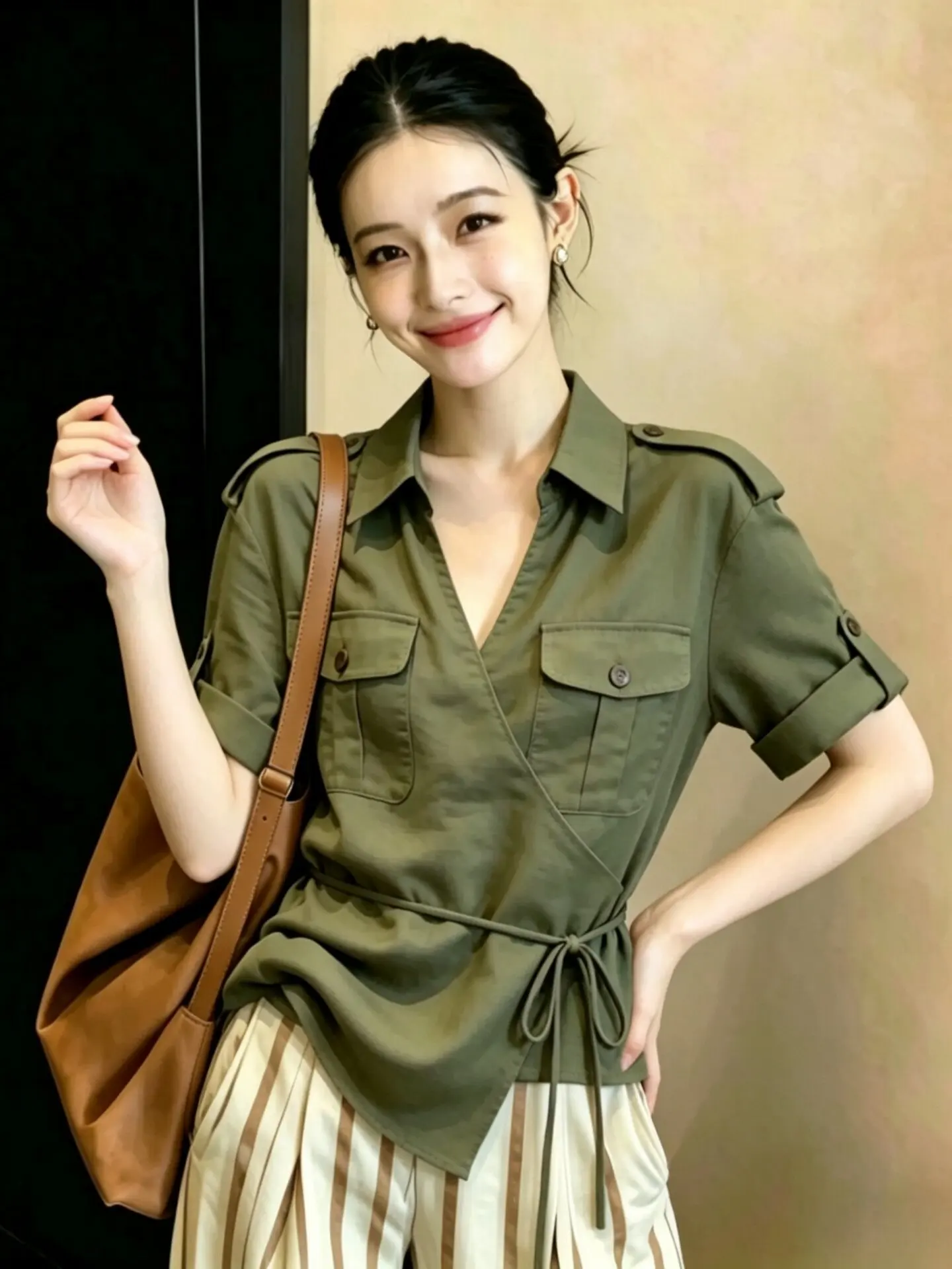 Summer Green Women's Shirt Tie Waist Slim Fit Fashion Top Double Pocket Turn-down Collar Stylish Casual Workwear Ensemble