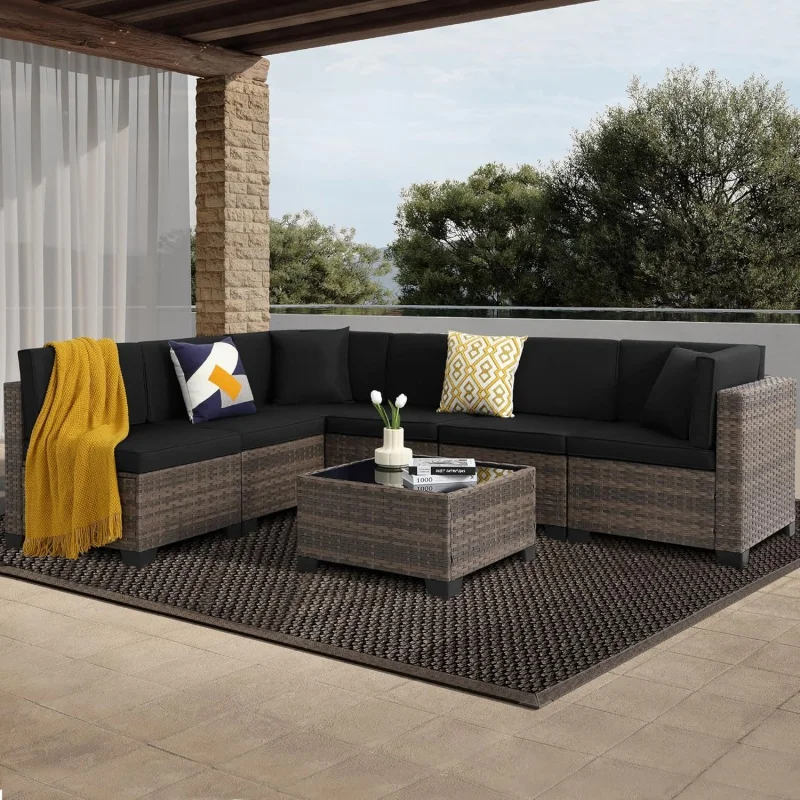 

Q7 piece patio set, outdoor sectional furniture, rattan chairs glass table Wicker conversation seating section