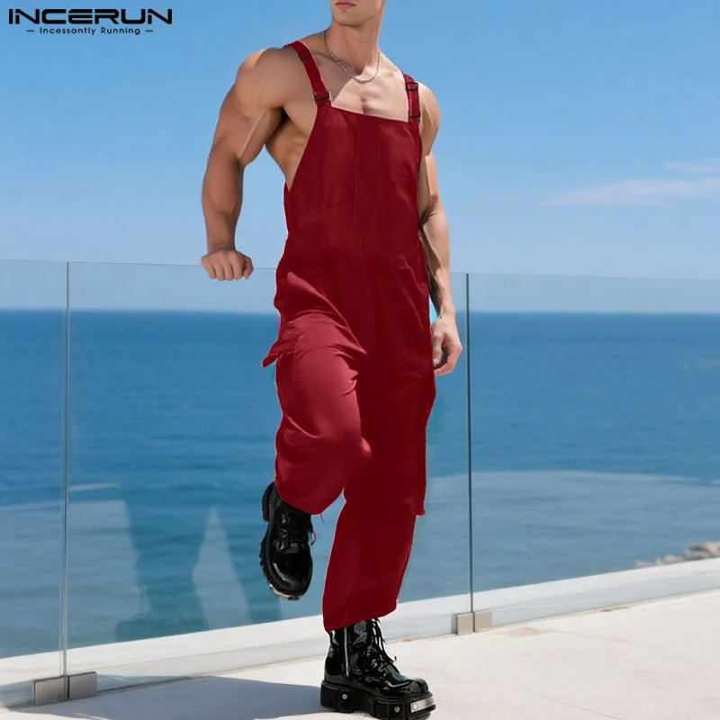 

INCERUN Men Jumpsuits Solid Color Sleeveless Straps Rompers Men Pants Streetwear Loose 2025 Fashion Casual Suspenders Overalls