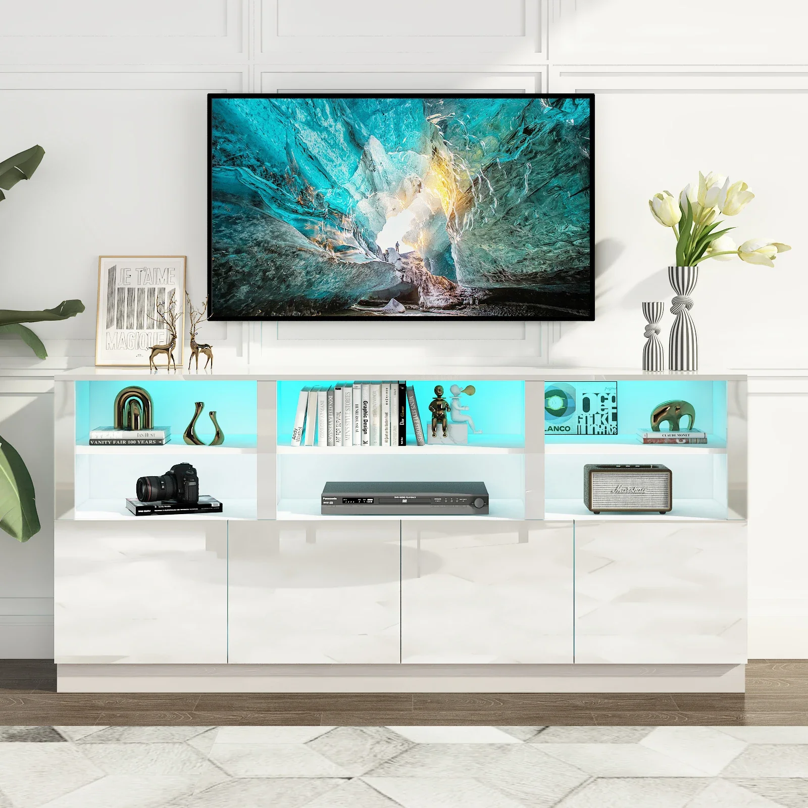 70 Inch LED TV Stand for 70/75/80 Inch TV,Modern Entertainment Center with Storage Shelves and Doors,High Gloss TV Cabinet