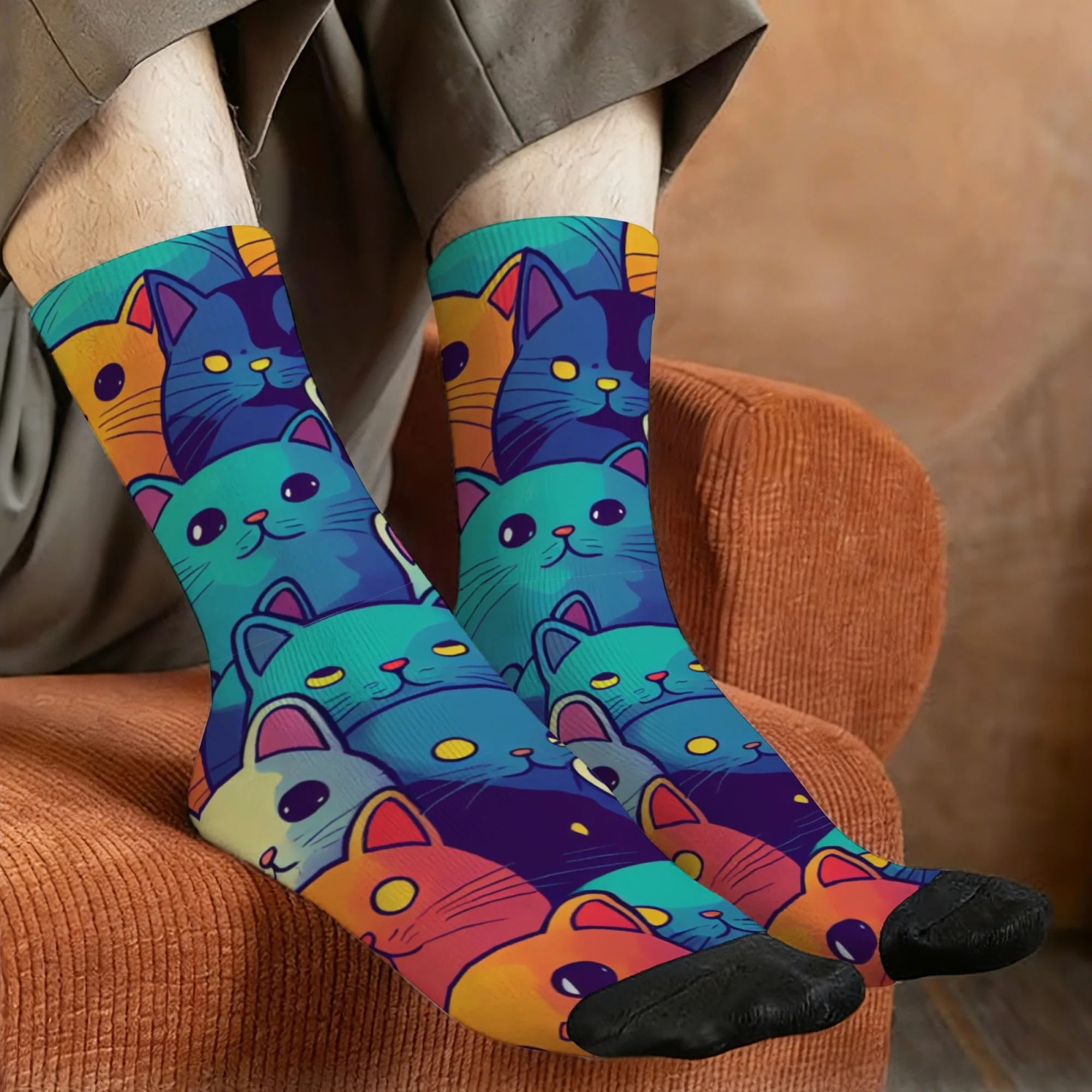 1 Paar bunte Katzen-Muster-Herren-Crew-Socken mit mittlerer Wade, atmungsaktiv, bequem, lässig, modisch, sportlich, für Outdoor-Fitness, Laufen