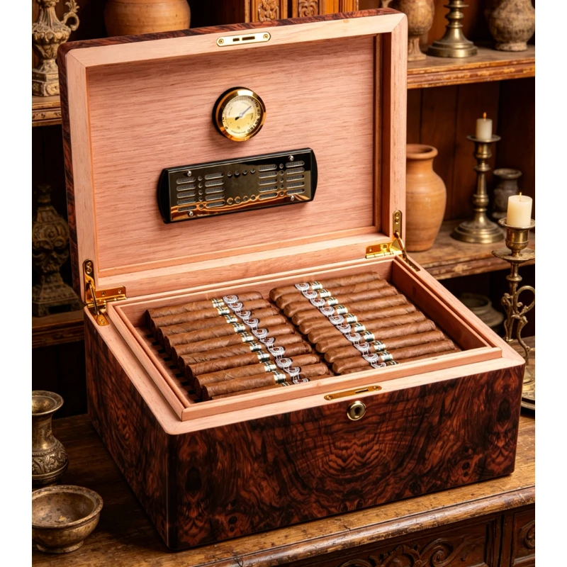 

Double Layer Humidor Wooden Cigar Box with Hygrometer & Thermometer Holds 50 Cigars Portable Travel Storage Case