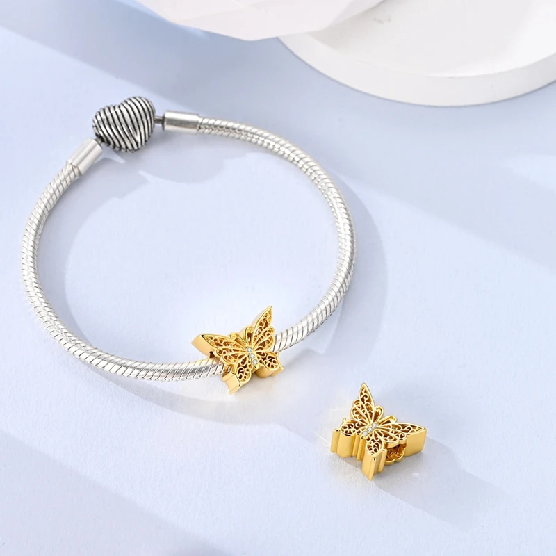 New Original 925 Sterling Silver Gold Hollow Pattern Butterfly Charms Bead Dangle For Women Fine DIY Birthday Party Jewelry Gift