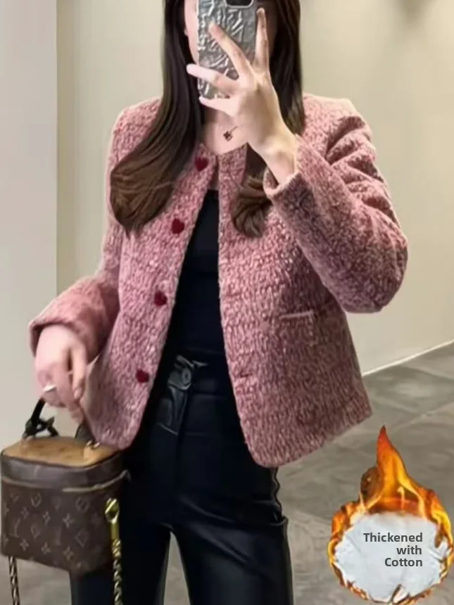 

Pink Short Thick Warm Fashionable Women's Outerwear Luxury Style Coat Elegant Top Lady Autumn Winter New Arrival Straight Cut