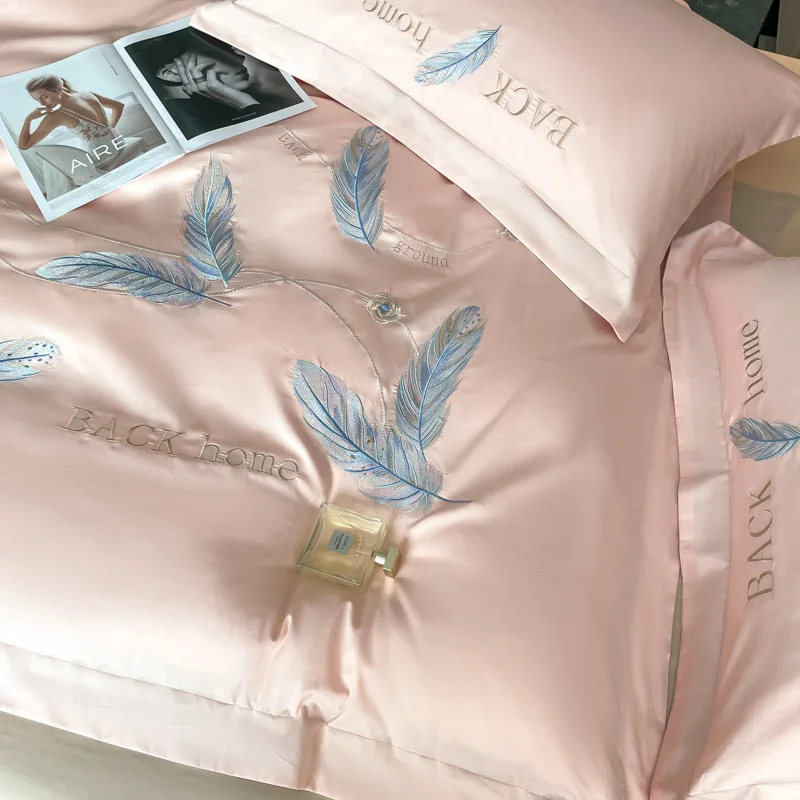 High end long staple cotton embroidered four piece set, pure cotton bed sheet, duvet cover, light luxury bed sheet, naked sleepi