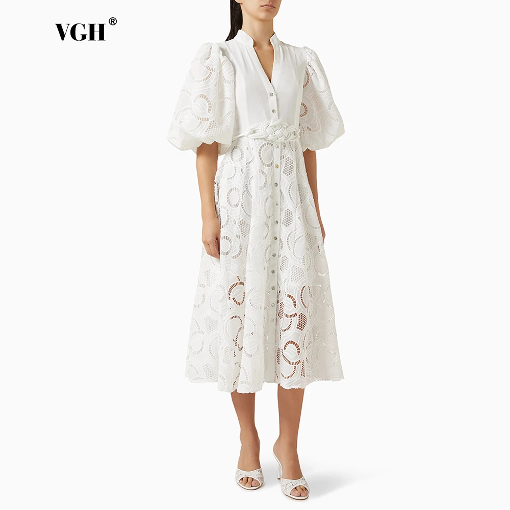 

VGH Elegant White Puff Sleeves Mid Dress for Women V Neck Spliced Lace Up Hollow Out Design Slim A Line Skirt for Formal Events