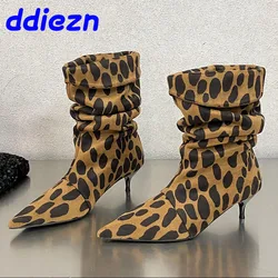 New Fashion Leopard Print Footwear Women Ankle Boots Slip On Shoes Pleated Ladies Modern Boots Female With Thin Heels Shoes