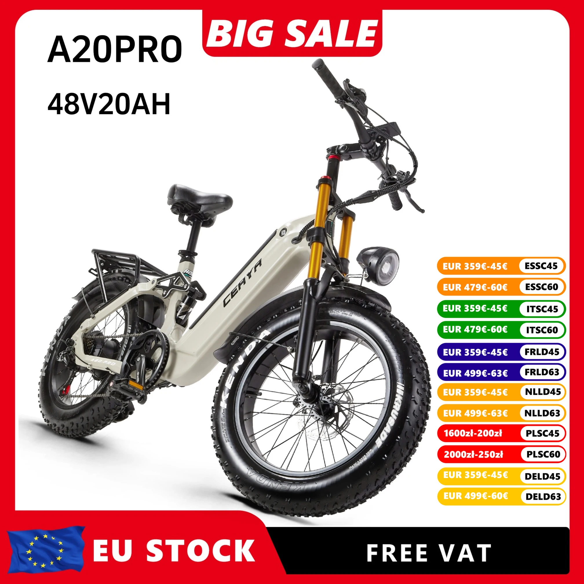 Vélo électrique CEAYA A20PRO, vélo électrique pour adultes, batterie 48V 20AH, VTT électrique, frein à huile, double suspension, pneus larges, feu stop.