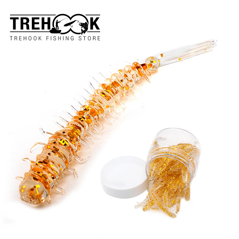 TREHOOK 50pcs Tanta Fishing Lure Set of Silicone Baits 45mm 0.4g Worm Rubber Spinning Bait Plastic Larva Soft Lure Clear Bottle