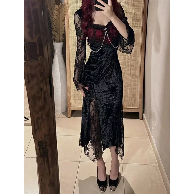 Korean Style Lace Splice Design Sensual Midi Dress Women's Slim Fit Summer New Pure Desire Fashion Dress Female Dresses
