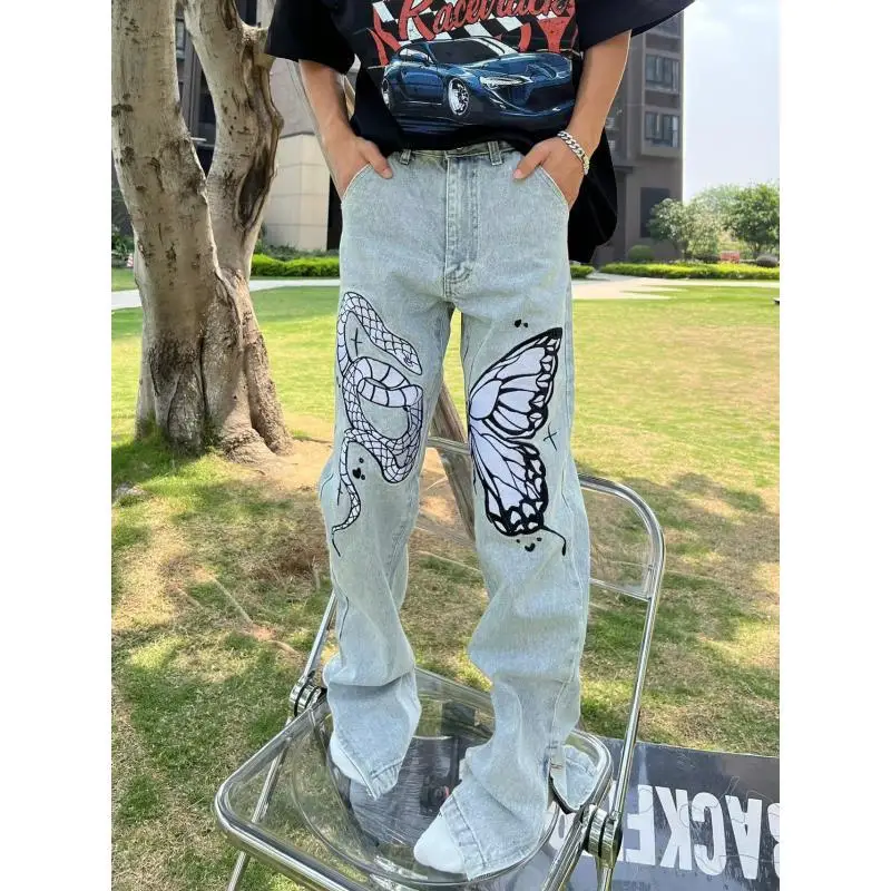 

Korean style high street washed slit zipper jeans for men and women y2k snake and butterfly heavy industry embroidered long pant