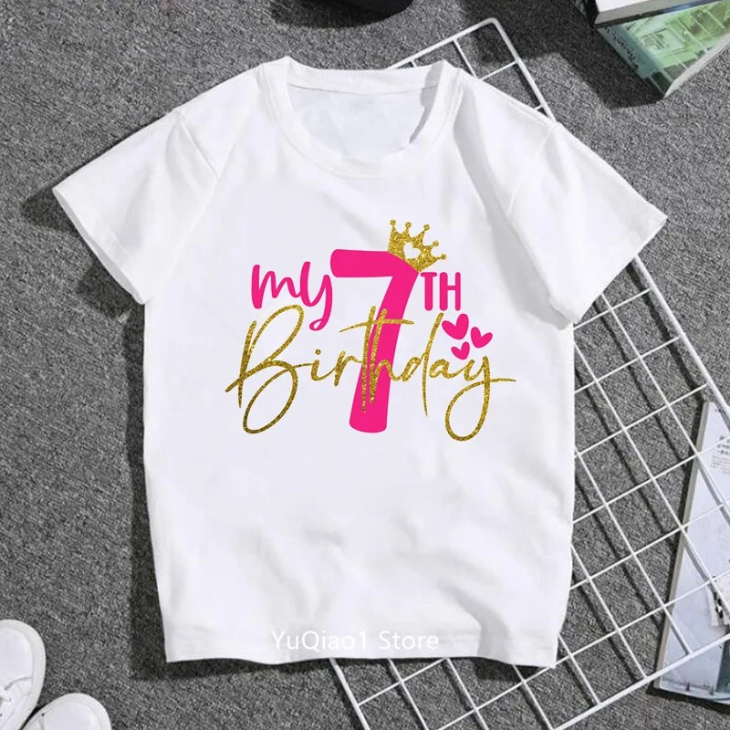 Number 3-9th Golden Crown Letters Print Baby Clothes Girl T-Shirt Lovely Summer Top White Tshirt Children Kids Birthday Gift