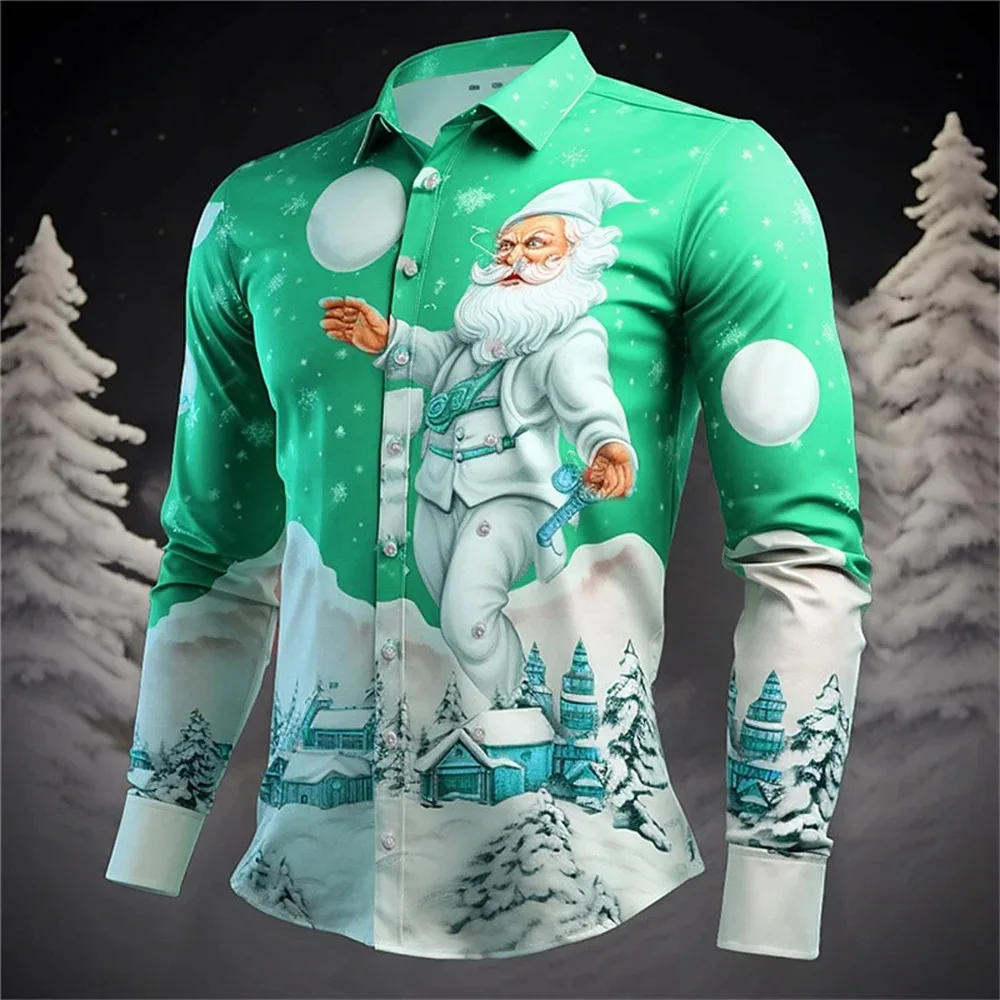 2025 3D printed Christmas design pattern men's lapel button fashionable men's long sleeved comfortable plus size shirt top