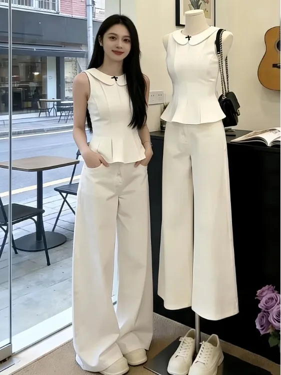 

Spring 2026 New Korean Style Sleeveless Top And Wide Leg Pants Two Piece Set Fashionable Design Breathable Medium Weight Poly...