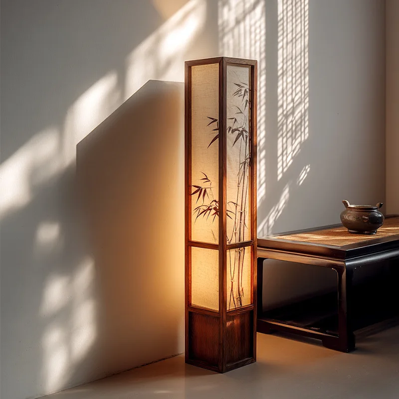 Solid wood art bamboo leaf painting square vertical zen retro living room tea room floor ornament