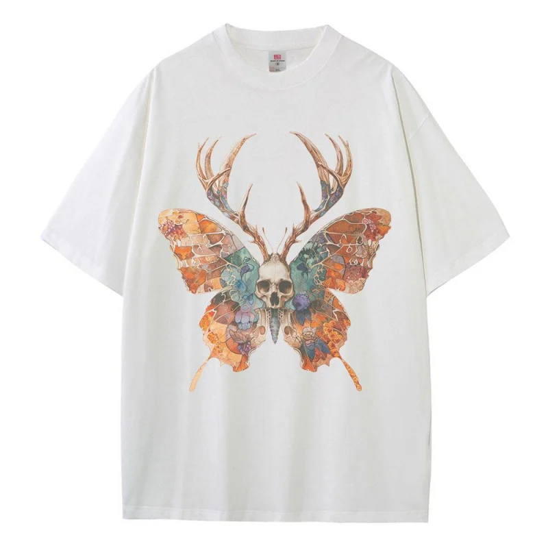 Cotton T Shirts Graphic Designer Clothes Watercolor Butterfly Skull Antlers Heavy Drop Shoulder Oversized T Shirt Breathable