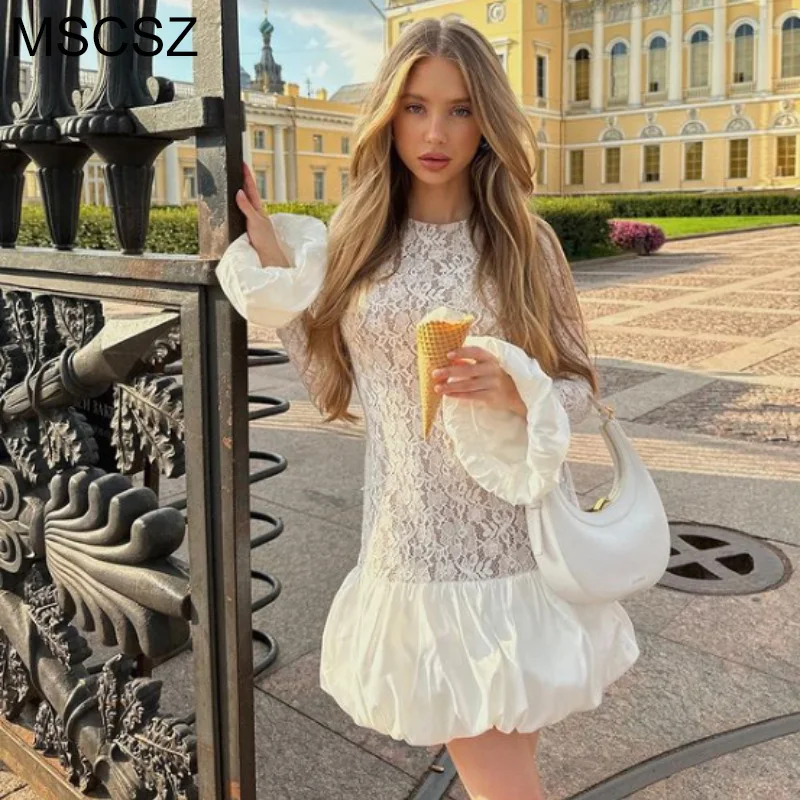 

MSCSZ Sexy White Transparent Lace Dress Women O-Neck Flare Long Sleeve Mini Dress Drop Waist Bubble Hem Short Birthday Dress