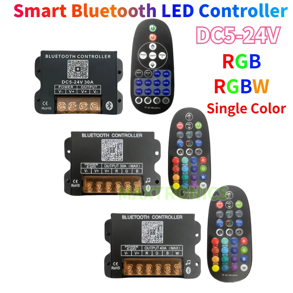 DC5-24V Smart Bluetooth LED Controller RF Remote PWM Dimmer APP Timing 10A/CH for Single Color,RGB,RGBW LED Strip /Modules Light