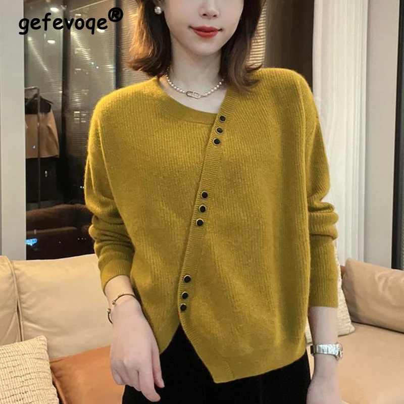 Autumn Winter Diagonal Collar Three Buttons Loose Casual Solid Sweater Cardigan Women Simple Coat Top Ladies Knitting Outwear